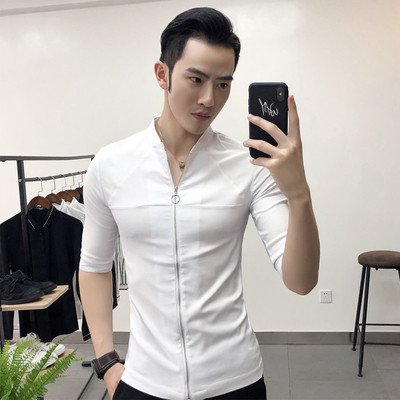 Ежедневна мъжка риза с цип и V-образно деколте в два  цвята 