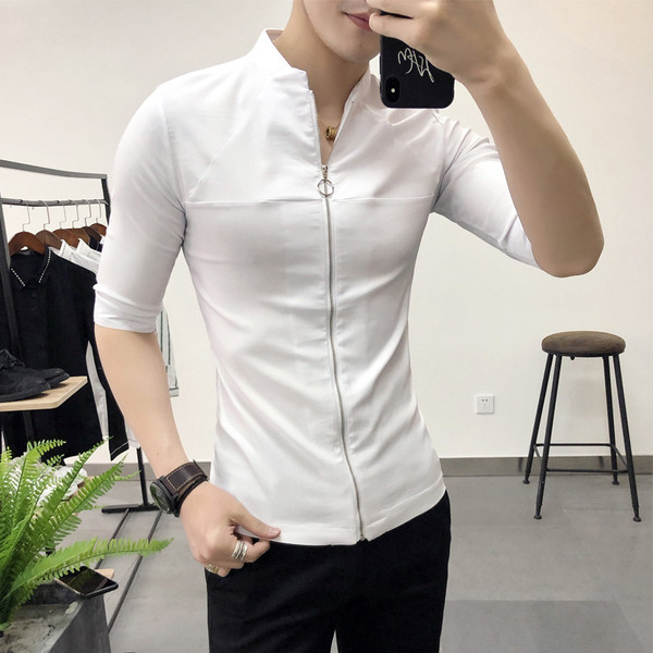 Ежедневна мъжка риза с цип и V-образно деколте в два  цвята 