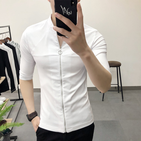 Ежедневна мъжка риза с цип и V-образно деколте в два  цвята 