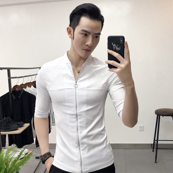 Ежедневна мъжка риза с цип и V-образно деколте в два  цвята 