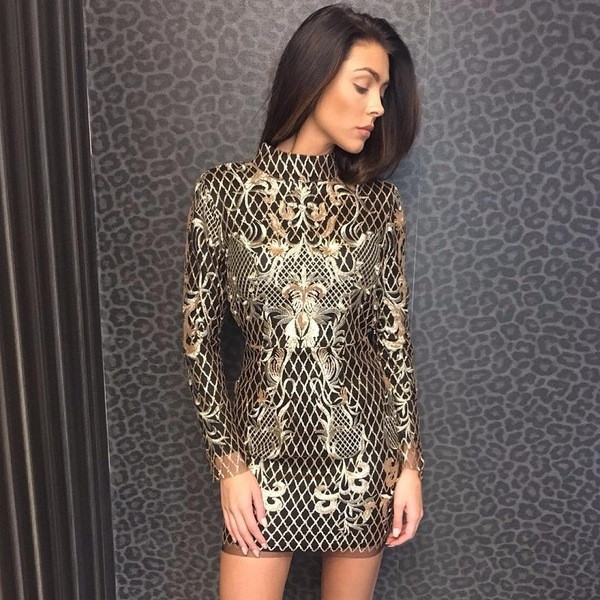 HIT Rochie elegantă de damă, cu spatele gol și broderie aurie