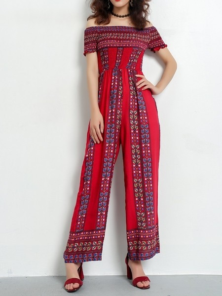 Salopeta de dama potrivita pentru utilizarea de zi cu zi cu umerii deschisi in motive etnice