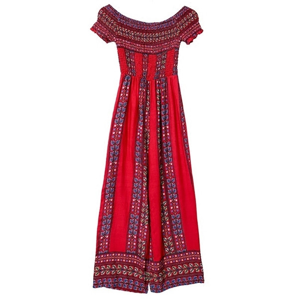 Salopeta de dama potrivita pentru utilizarea de zi cu zi cu umerii deschisi in motive etnice