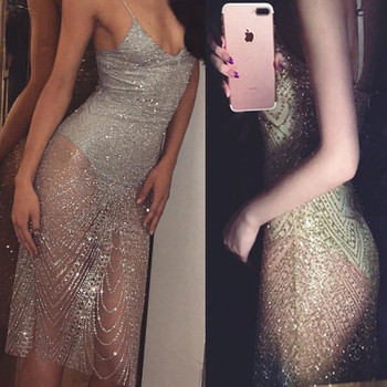 Σέξυ φόρεμα γυναικών με ντεκολτέ σε σχήμα V και λεπτές λουρίδες σε δύο χρώματα