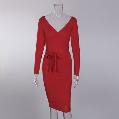 Rochie elegantă de damă, cu decolteu în V și mâneci lungi, în trei culori