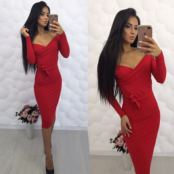 Rochie elegantă de damă, cu decolteu în V și mâneci lungi, în trei culori