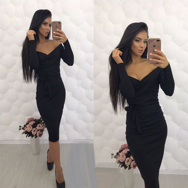 Rochie elegantă de damă, cu decolteu în V și mâneci lungi, în trei culori