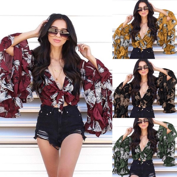 Γυναικεία μπλε μπλούζα με φαρδιά μανίκια σε διάφορα χρώματα