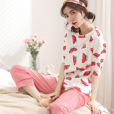 Pijamale de damă din bumbac - pantaloni lungi în carouri + tricou alb cu mâneci scurte și imprimeu pepene verde