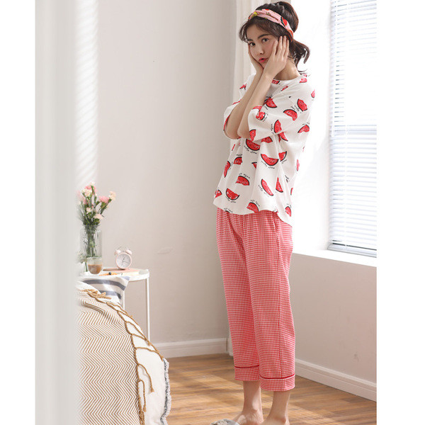 Pijamale de damă din bumbac - pantaloni lungi în carouri + tricou alb cu mâneci scurte și imprimeu pepene verde