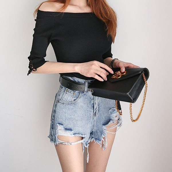 Дамски разкъсани къси дънкови панталони с висока талия 