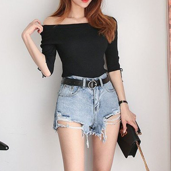 Дамски разкъсани къси дънкови панталони с висока талия 