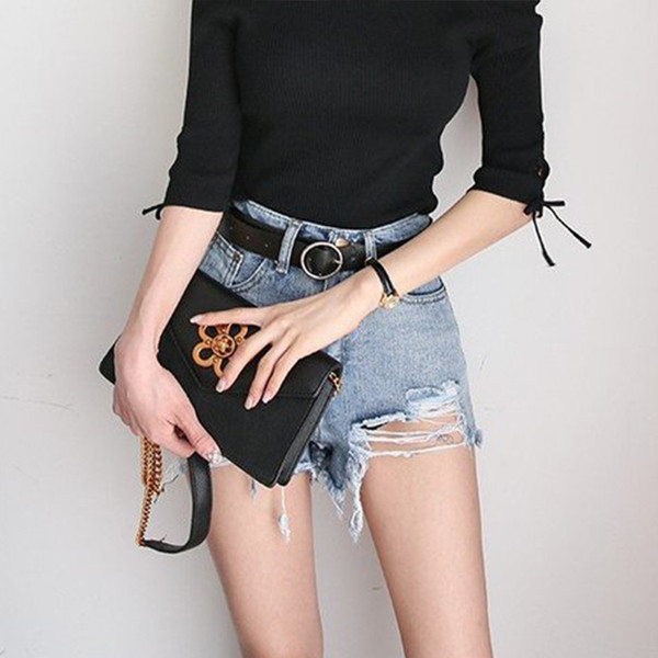 Дамски разкъсани къси дънкови панталони с висока талия 