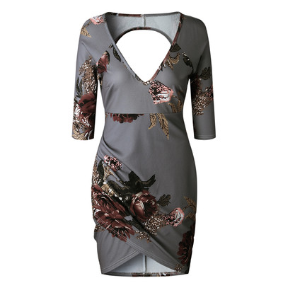 Κομψή κυρία φόρεμα με ντεκολτέ σε σχήμα V και μανίκια 3/4 σε δύο χρώματα