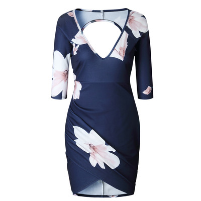 Κομψή κυρία φόρεμα με ντεκολτέ σε σχήμα V και μανίκια 3/4 σε δύο χρώματα