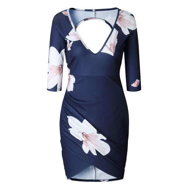 Κομψή κυρία φόρεμα με ντεκολτέ σε σχήμα V και μανίκια 3/4 σε δύο χρώματα