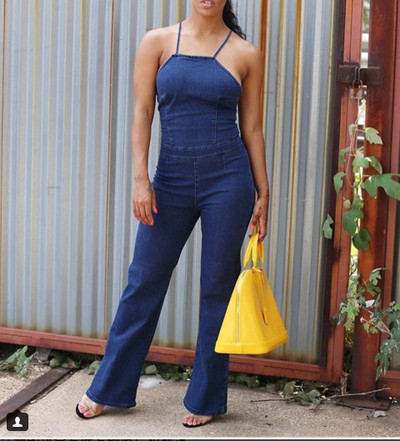 Denim γυναικείες φόρμες με σταυρωτές λωρίδες - ευρύ σχέδιο