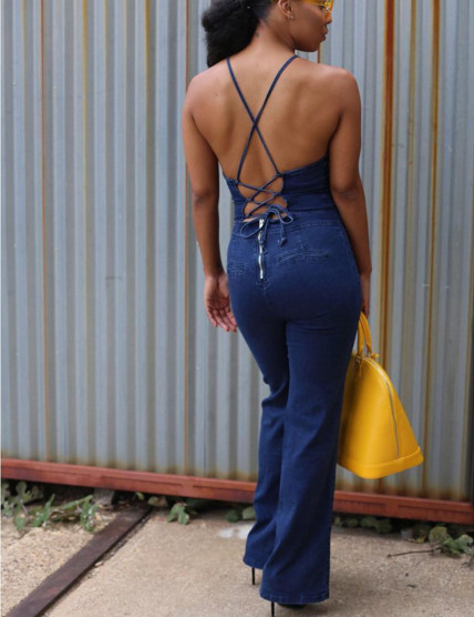 Denim γυναικείες φόρμες με σταυρωτές λωρίδες - ευρύ σχέδιο