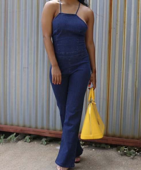 Denim γυναικείες φόρμες με σταυρωτές λωρίδες - ευρύ σχέδιο