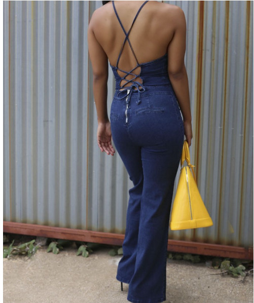 Denim γυναικείες φόρμες με σταυρωτές λωρίδες - ευρύ σχέδιο