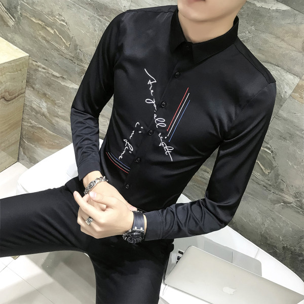 Cămașă modernă pentru bărbați cu mâneci lungi și broderie în 2 culori - model Slim