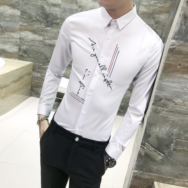 Cămașă modernă pentru bărbați cu mâneci lungi și broderie în 2 culori - model Slim