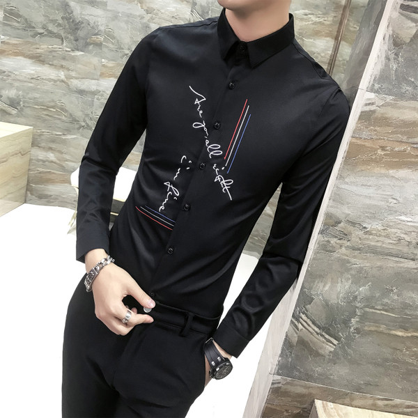 Cămașă modernă pentru bărbați cu mâneci lungi și broderie în 2 culori - model Slim