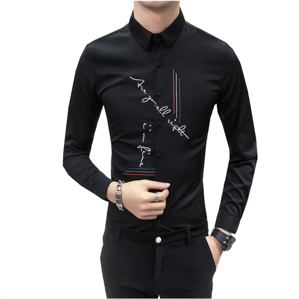 Cămașă modernă pentru bărbați cu mâneci lungi și broderie în 2 culori - model Slim