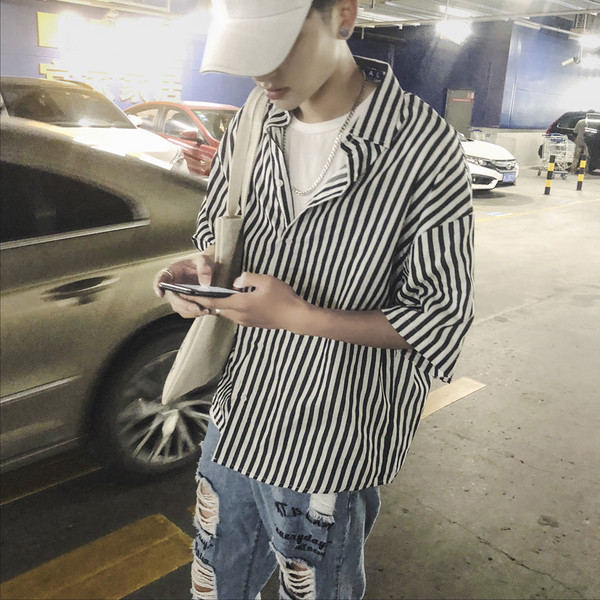 Cămașă bărbați cu dungi în 2 culori cu mâneci 3/4 - model larg