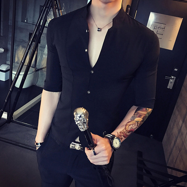 Cămașă stilată pentru bărbați cu mâneci 3/4 și guler jos - model Slim