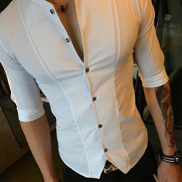 Cămașă stilată pentru bărbați cu mâneci 3/4 și guler jos - model Slim