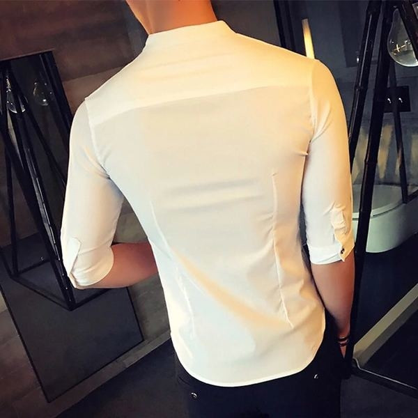 Cămașă stilată pentru bărbați cu mâneci 3/4 și guler jos - model Slim