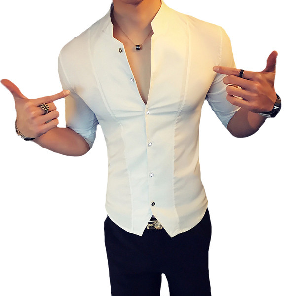 Cămașă stilată pentru bărbați cu mâneci 3/4 și guler jos - model Slim