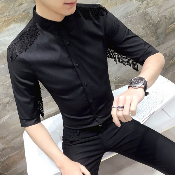 Camasa barbati model nou cu maneci 3/4 si franjuri - model Slim