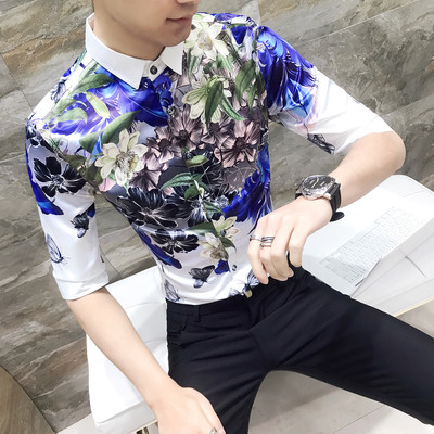 Модерна мъжка риза с цветна апликация и 3/4 ръкав - Slim модел
