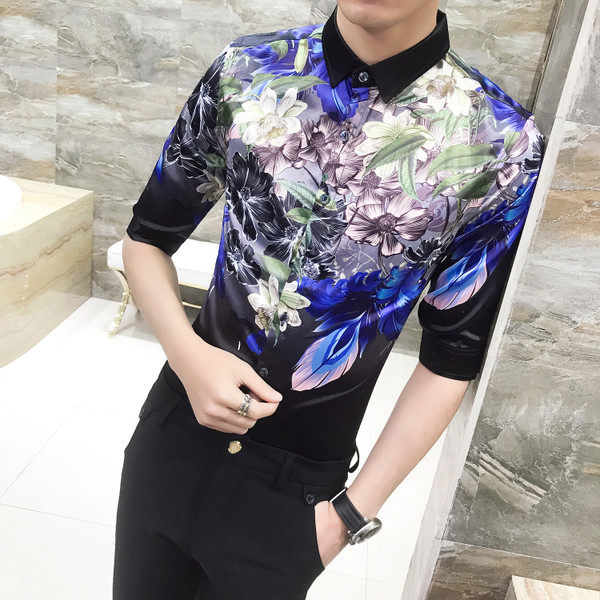 Cămașă modernă pentru bărbați cu aplicație colorată și mâneci 3/4 - model Slim