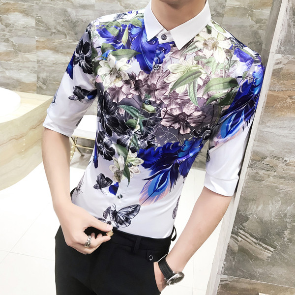 Cămașă modernă pentru bărbați cu aplicație colorată și mâneci 3/4 - model Slim