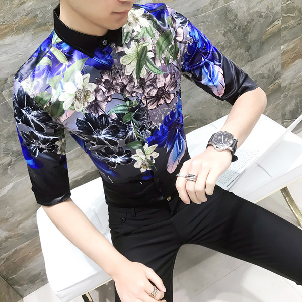 Cămașă modernă pentru bărbați cu aplicație colorată și mâneci 3/4 - model Slim