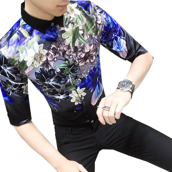 Cămașă modernă pentru bărbați cu aplicație colorată și mâneci 3/4 - model Slim