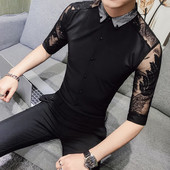 Ανδρικό πουκάμισο με διαφανή μανίκια λεπτομέρειες - Λεπτό μοντέλο