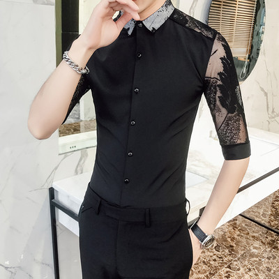 Ανδρικό πουκάμισο με διαφανή μανίκια λεπτομέρειες - Λεπτό μοντέλο