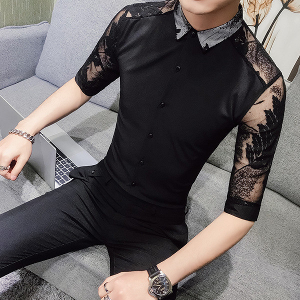 Ανδρικό πουκάμισο με διαφανή μανίκια λεπτομέρειες - Λεπτό μοντέλο