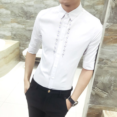 Модерна мъжка риза с 3/4 ръкав и висока яка - Slim модел