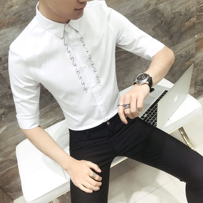 Cămașă modernă pentru bărbați cu mâneci 3/4 și guler înalt - model Slim