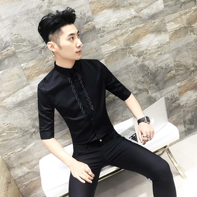 Cămașă modernă pentru bărbați cu mâneci 3/4 și guler înalt - model Slim