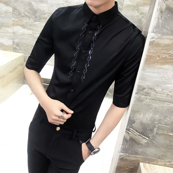 Cămașă modernă pentru bărbați cu mâneci 3/4 și guler înalt - model Slim