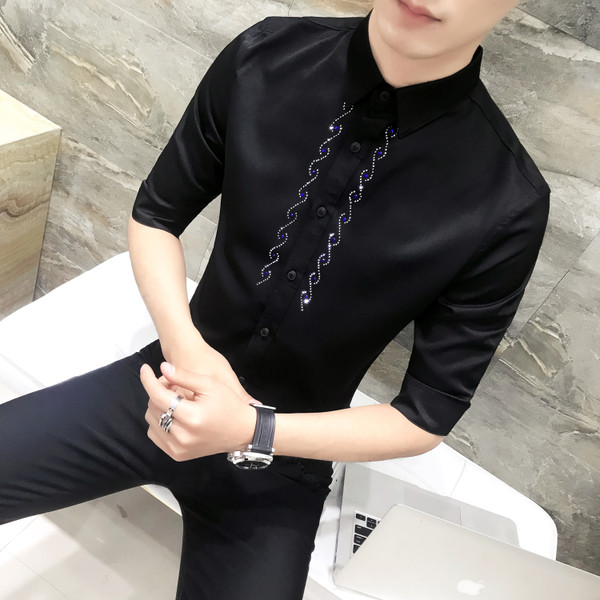 Cămașă modernă pentru bărbați cu mâneci 3/4 și guler înalt - model Slim