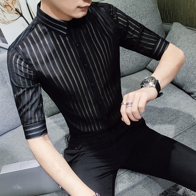 Мъжка стилна риза с 3/4 ръкав в черен и бял цвят - Slim модел