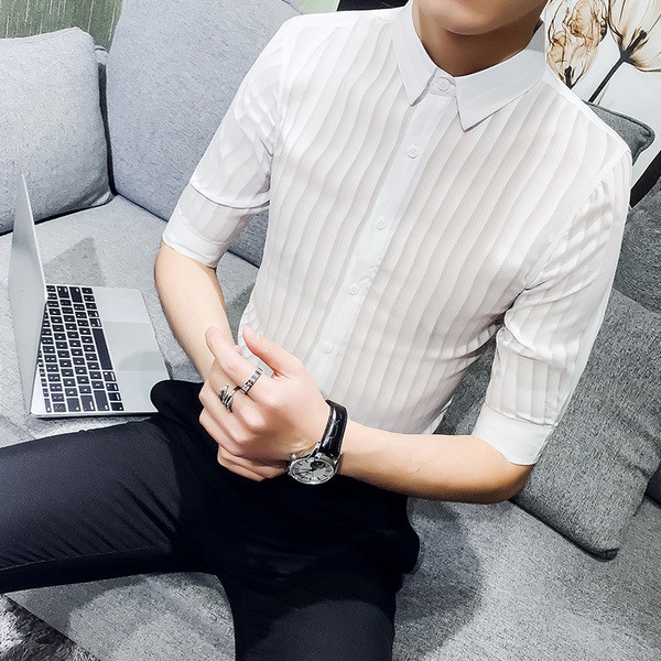 Cămașă stilată pentru bărbați cu mâneci 3/4 alb-negru - model Slim