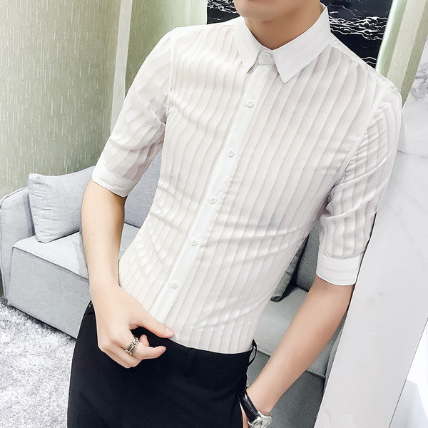 Cămașă stilată pentru bărbați cu mâneci 3/4 alb-negru - model Slim